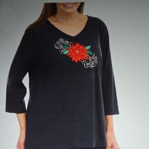 Crystal Poinsettia holiday 3/4 Sleeve Blouse- black- Coral Bay size small